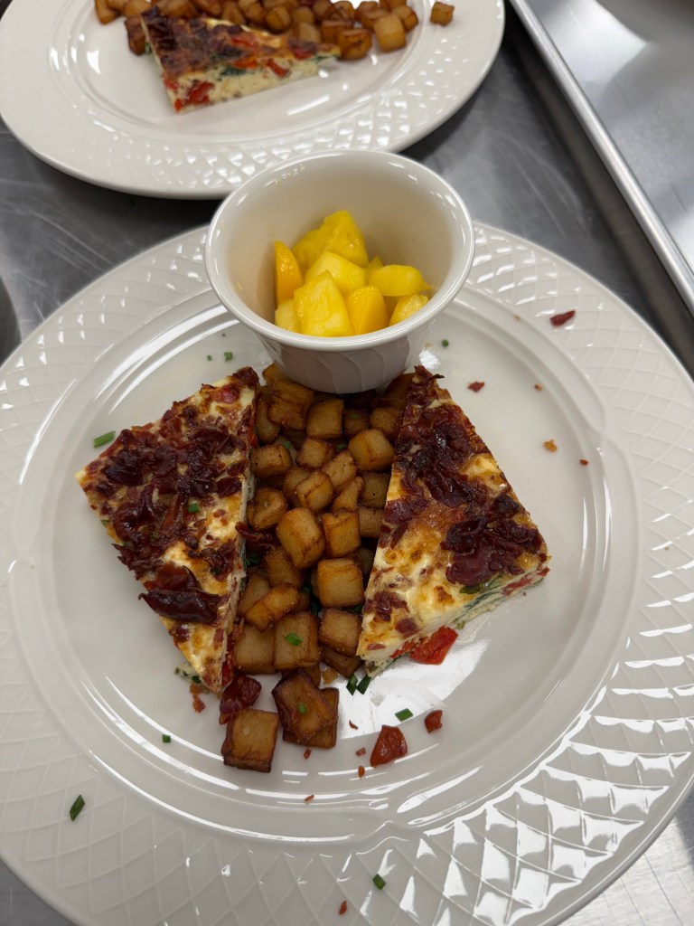 Deluxe Frittata with potatoes and fruit salad